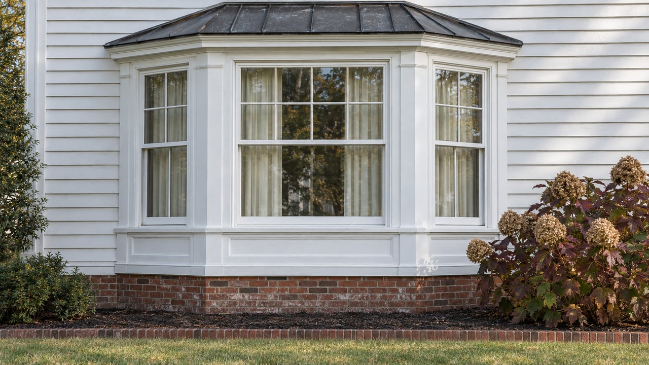 White clapboard house with a three-sided bay window, dark metal roof cap, weathered brick foundation and burgundy oakleaf hydrangea beside a lawn.