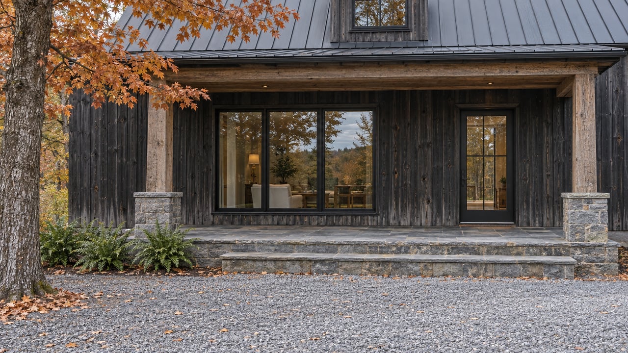 Dark cedar home with a sheltered oak porch, bluestone steps and copper autumn leaves along a gravel approach.