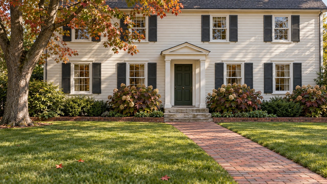 Ivory clapboard house with dark shutters and a green front door, seen across a brick walk and autumn garden.