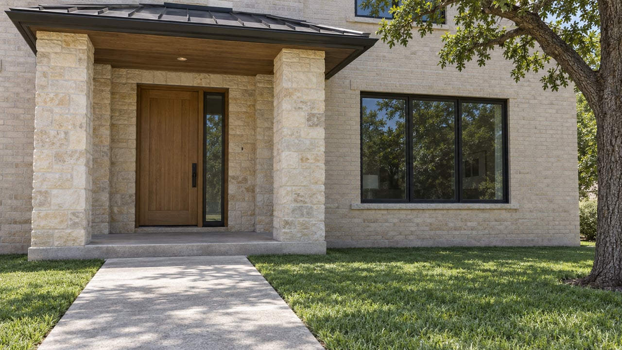 Limestone entry porch with an oak door beside a black-framed window, a concrete approach, and a live oak at the edge of the lawn.