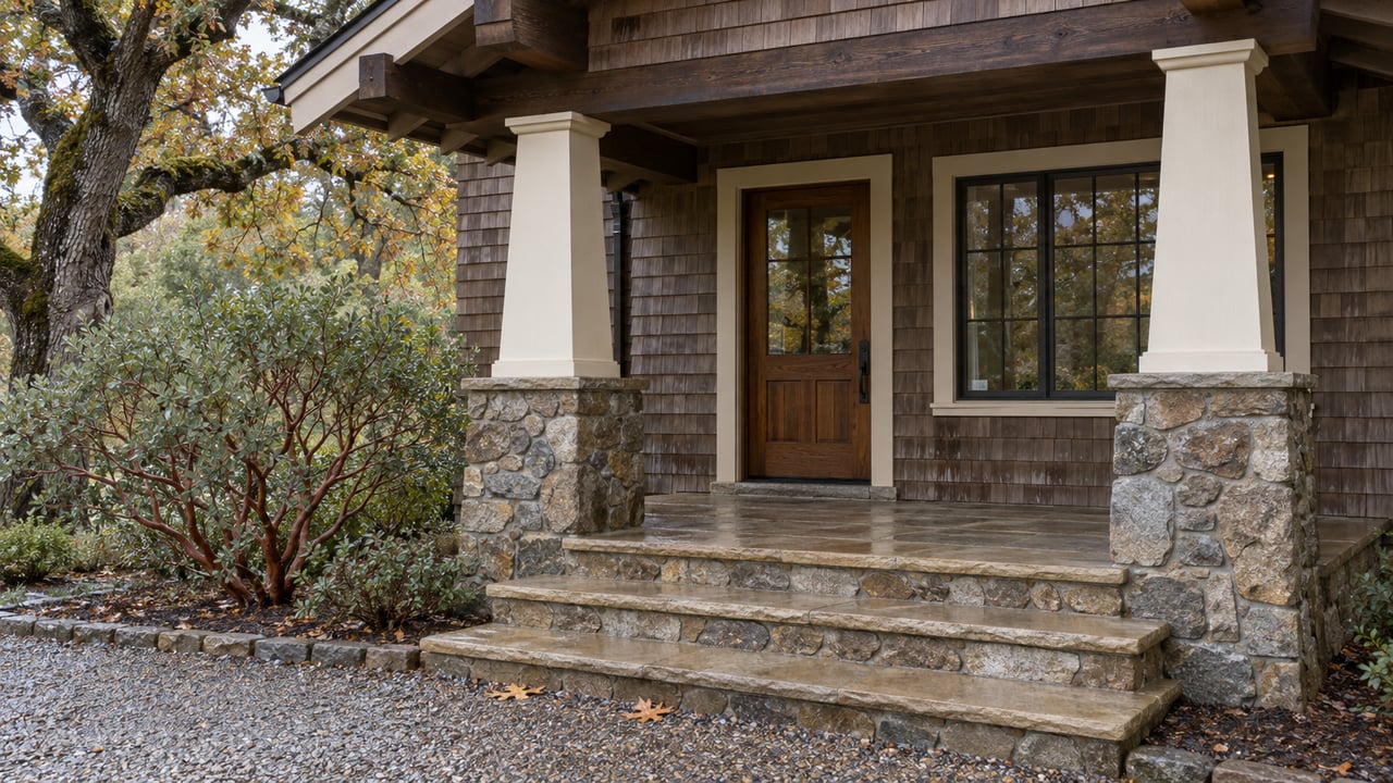 Rain-darkened stone steps lead to a sheltered cedar-shingle entry with tapered columns, an oak door and a sculptural manzanita.