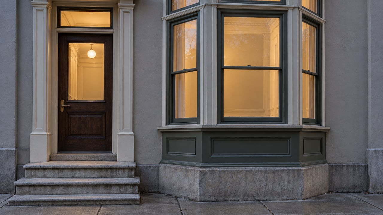 Blue-hour view of an oak entry door, worn limestone steps, and an olive-painted projecting bay window on a heritage home.