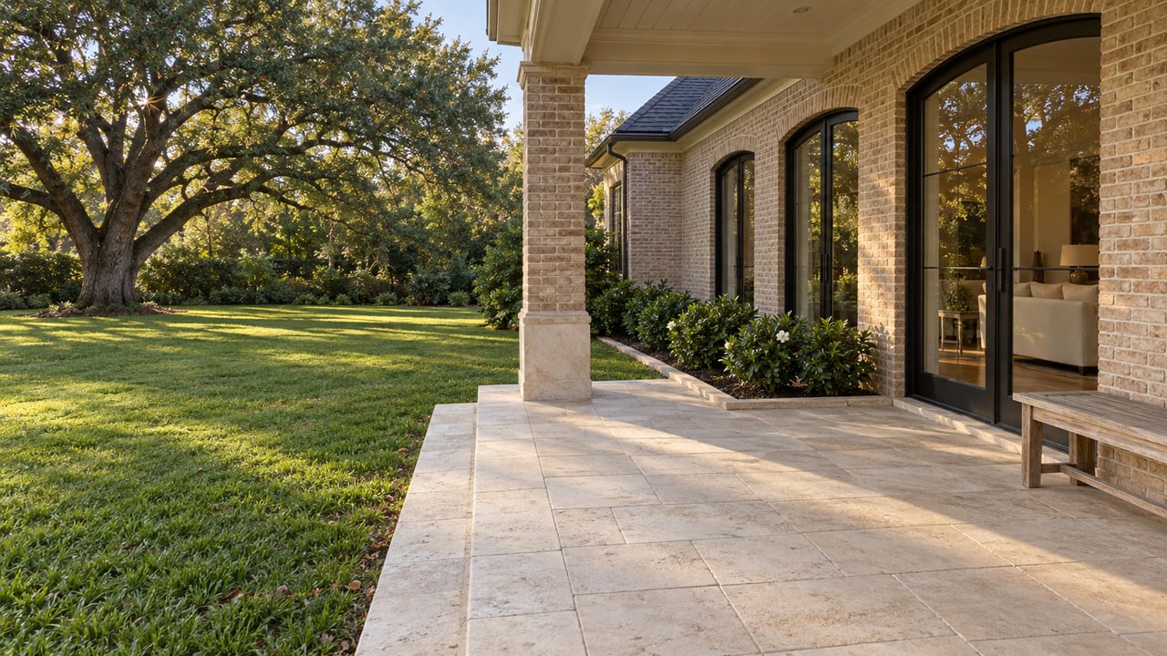 Covered limestone veranda beside a buff-brick home, with black-framed glass doors, a weathered teak bench and a broad lawn beneath a mature live oak.