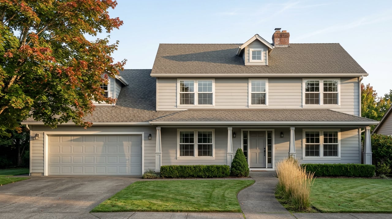 Two-story gray home with a gabled roof, attached garage, maple in fall color, and a walkway across the lawn.