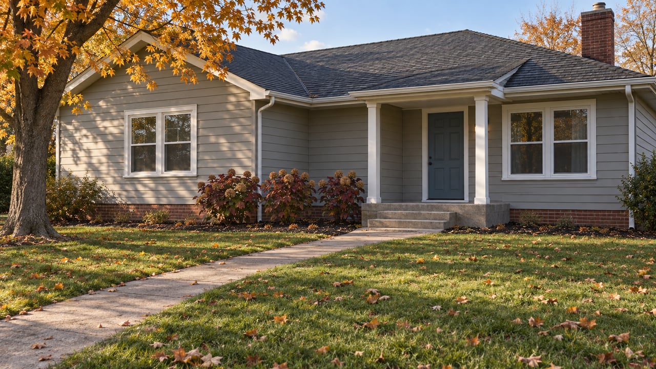 An established gray-sided ranch with a covered porch, broad green lawn and an amber maple in autumn sunlight.