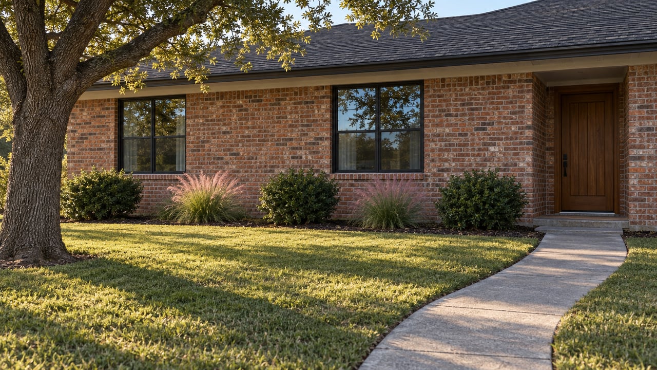 Red-brown brick ranch house with black-framed windows, a recessed timber door, and a curving walk across the lawn.