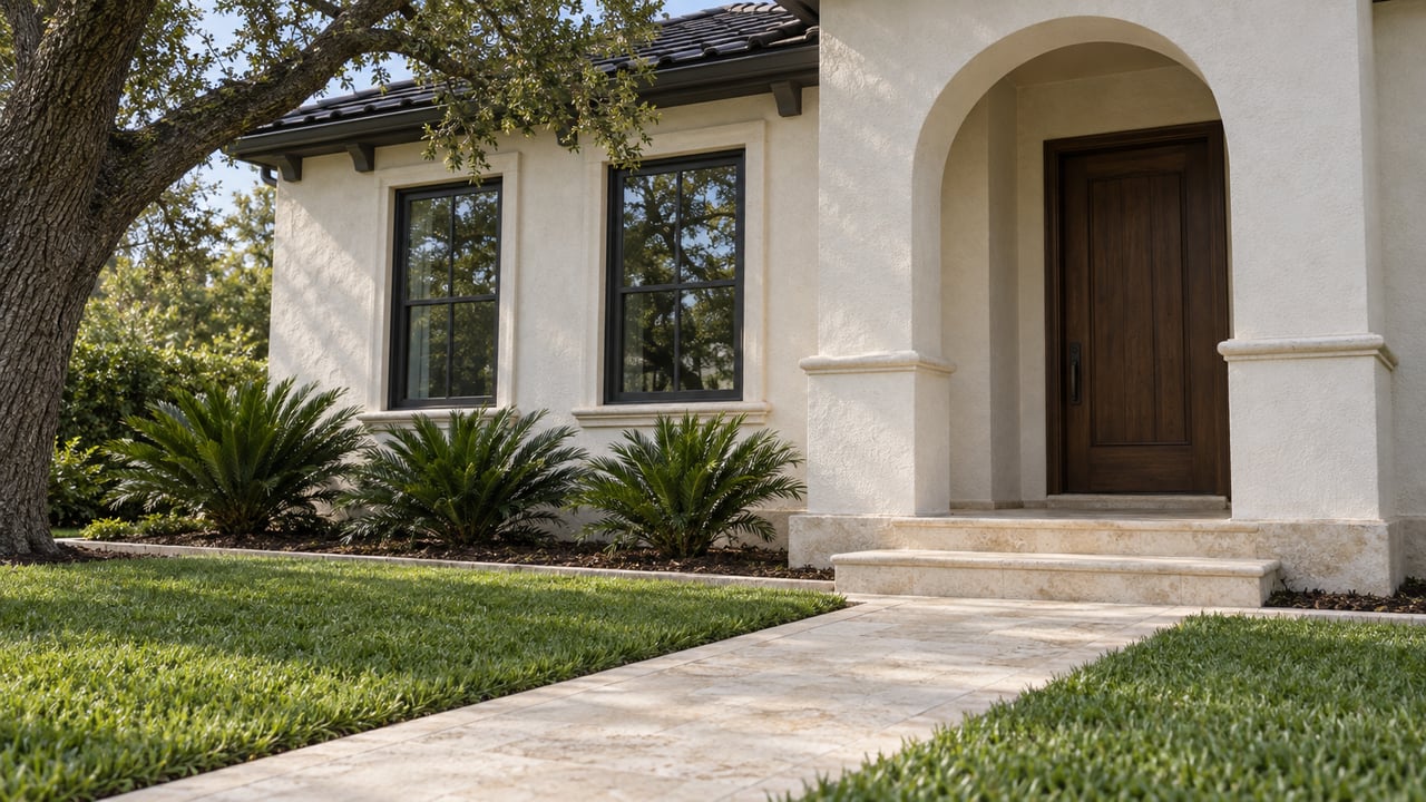 White stucco home with an arched walnut-door entrance, paired black-framed windows, limestone steps and a broad lawn beneath a mature live oak.