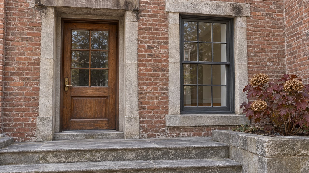An oak residential door and divided-light window set in aged brick and stone, with broad stone steps and autumn oakleaf hydrangea.