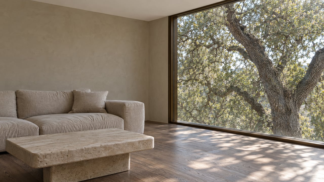 Living room with an oatmeal sofa, limestone coffee table, and window framing a mature oak.