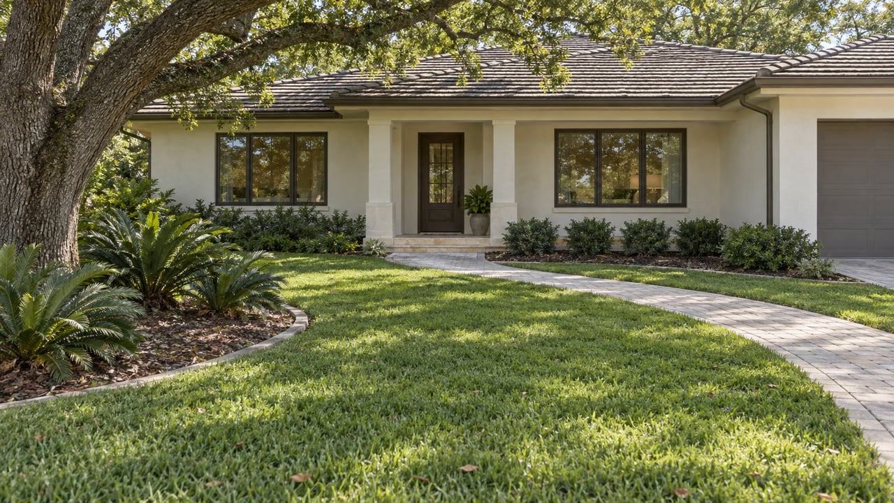 Mature oak shades a deep lawn and curved garden bed before a single-story stucco house.