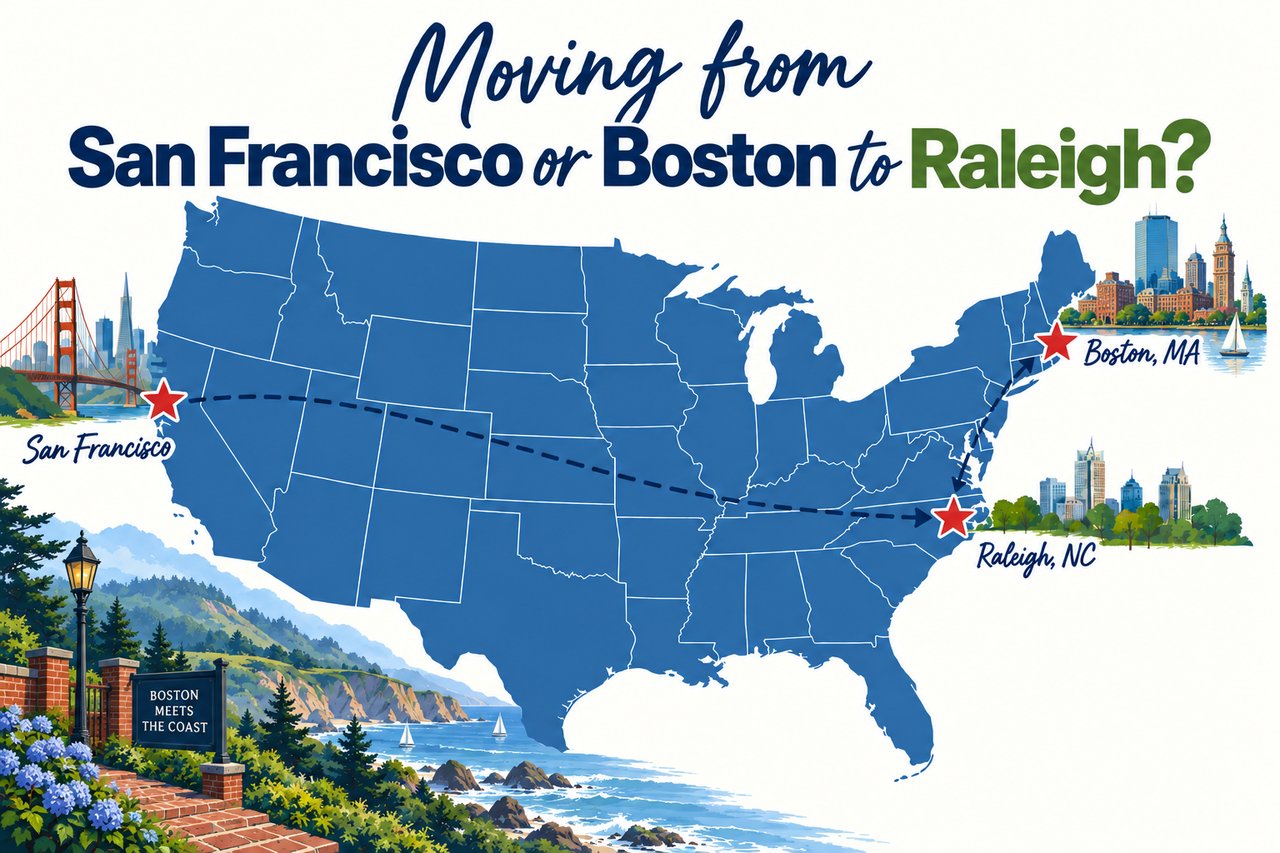 Map showing San Francisco and Boston to Cary, its closest match in the Triangle.