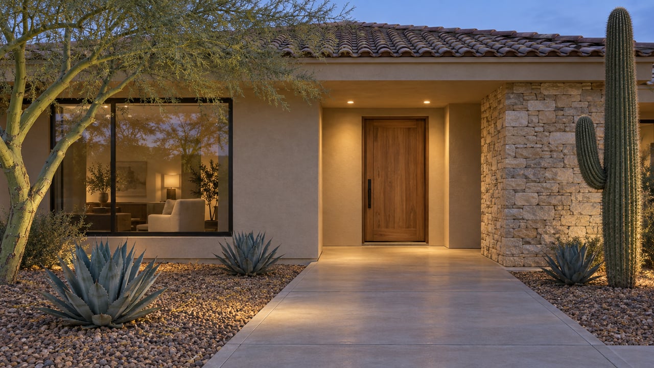 A sand-stucco home at twilight with an oak front door, limestone pier, bronze-framed window, and sculptural desert planting beside a concrete approach.