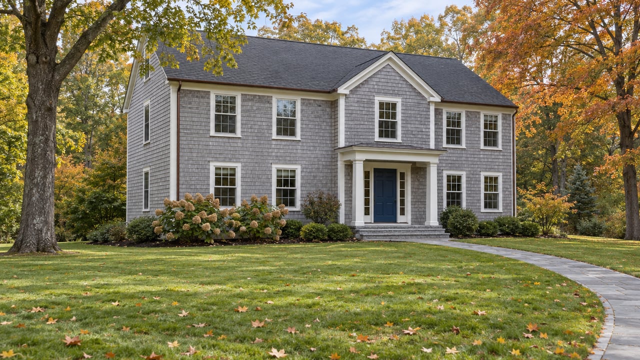 Silver-gray shingled home beyond a deep lawn, with a bluestone approach, mature autumn trees and white entry trim.