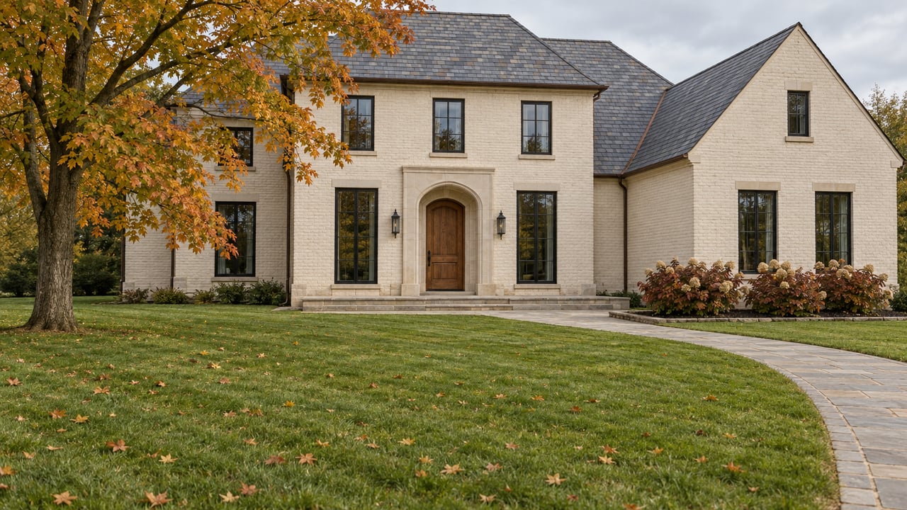 Ivory painted-brick home with an arched limestone entry, slate roof, broad front lawn and an autumn maple.