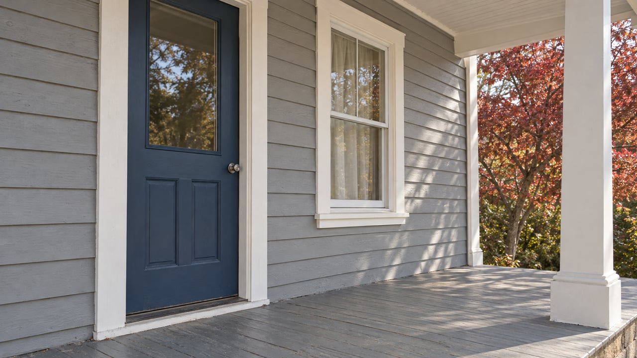 Gray wood siding, a blue front door and a white-trimmed window on a covered porch with gently worn painted floorboards.