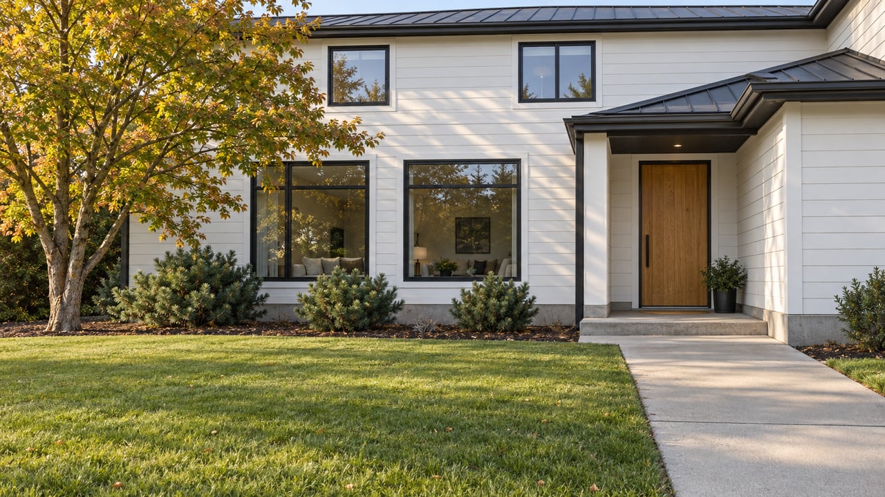 Contemporary two-story home with white siding, black-framed windows and an oak entry door, beyond a deep lawn and concrete walk with an amber-leaved maple.