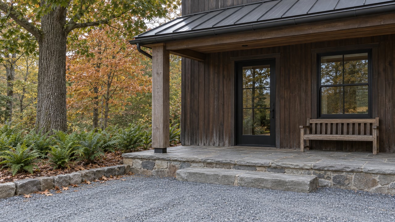Weathered timber country home with a stone porch, black-framed entry and gravel arrival court beneath autumn hardwoods.