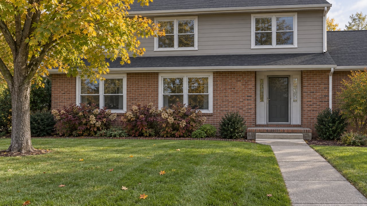Brick-and-clapboard home beyond a deep autumn lawn, with a mature maple and oakleaf hydrangeas framing the front entry.