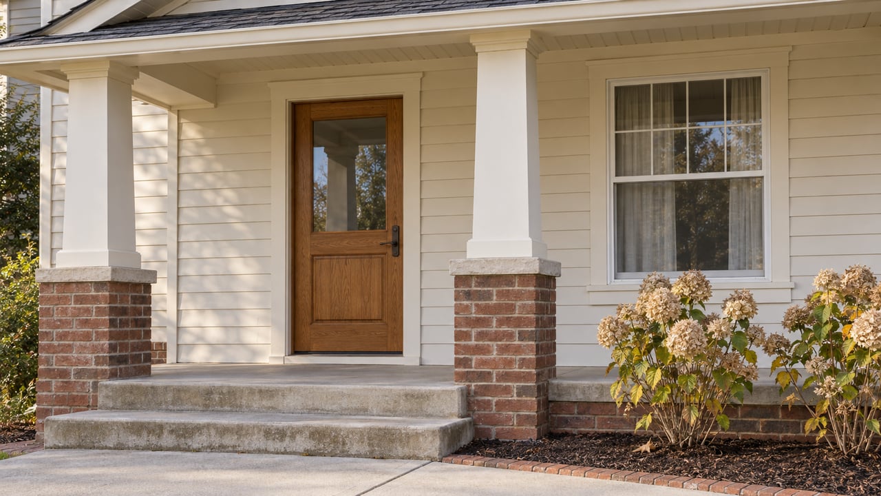 Ivory clapboard home with an oak entry door, brick porch supports, concrete steps and dried hydrangea blooms in autumn light.