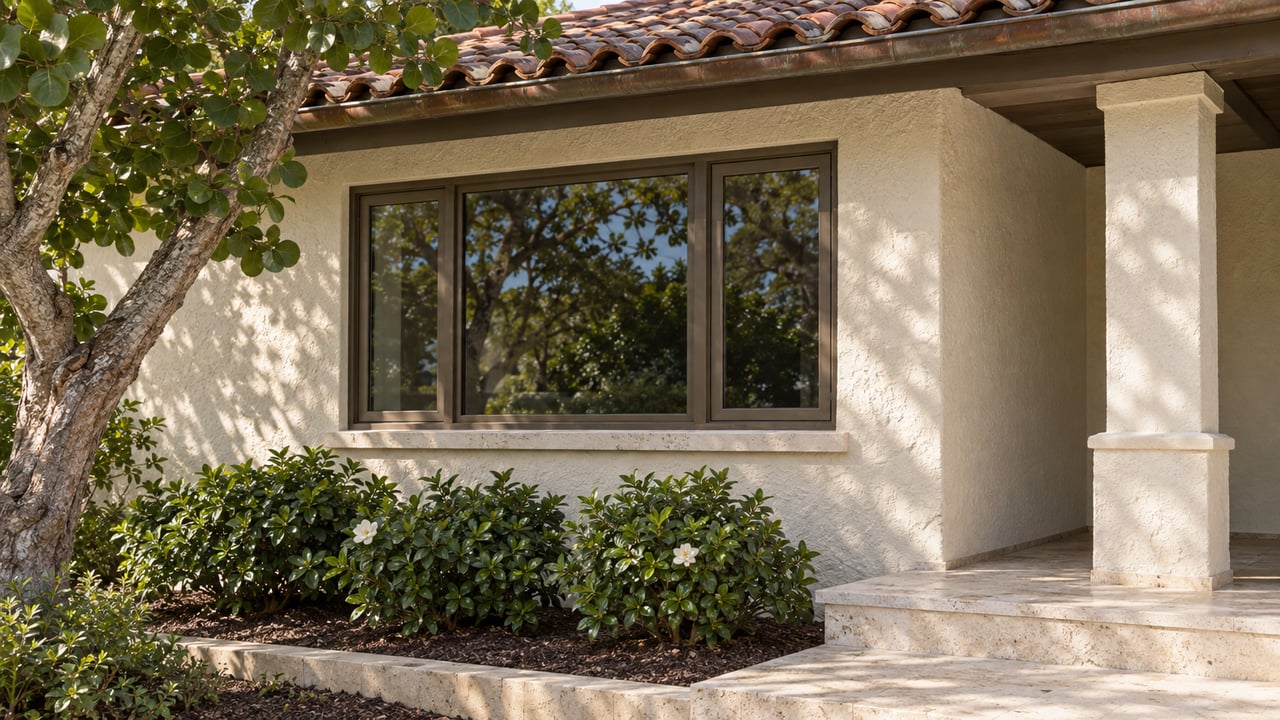 Clay-tile eaves above an ivory stucco window bay, with a sea grape tree, gardenias and a raised limestone porch.