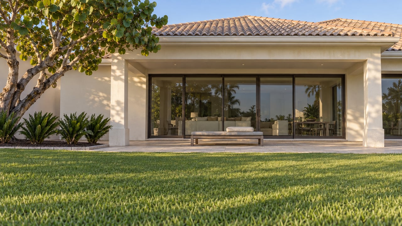 Sunlit rear lawn and paved covered terrace of an ivory stucco home, with closed bronze-framed glass doors and a sculptural sea-grape tree.