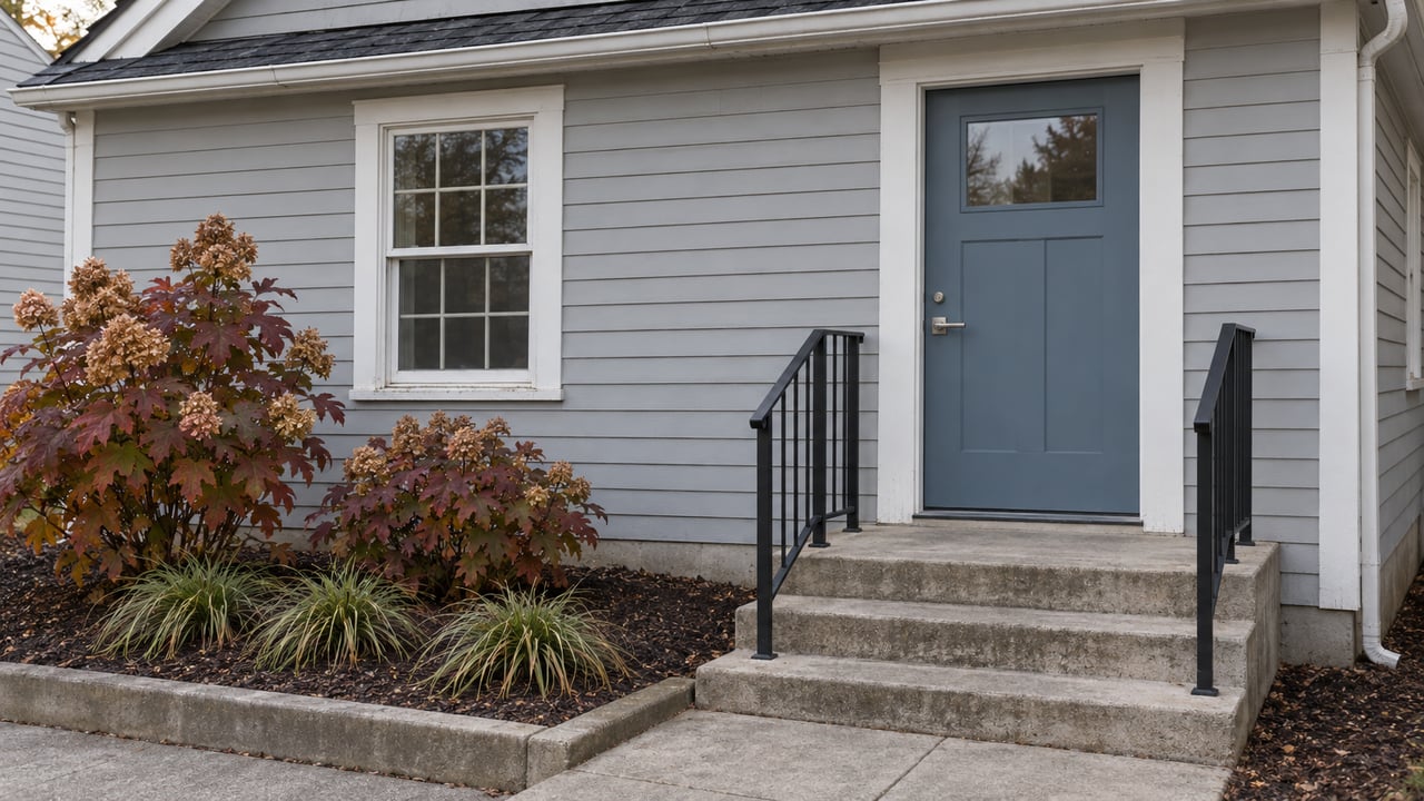 Gray clapboard house entry with a blue door, concrete steps and burgundy oakleaf hydrangeas in soft autumn daylight.
