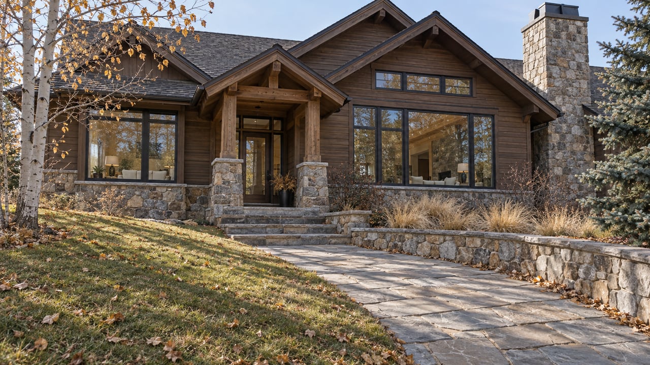 Late-autumn light on a wood-and-stone home with steep dark roofs, a broad stone approach and a nearly bare aspen.