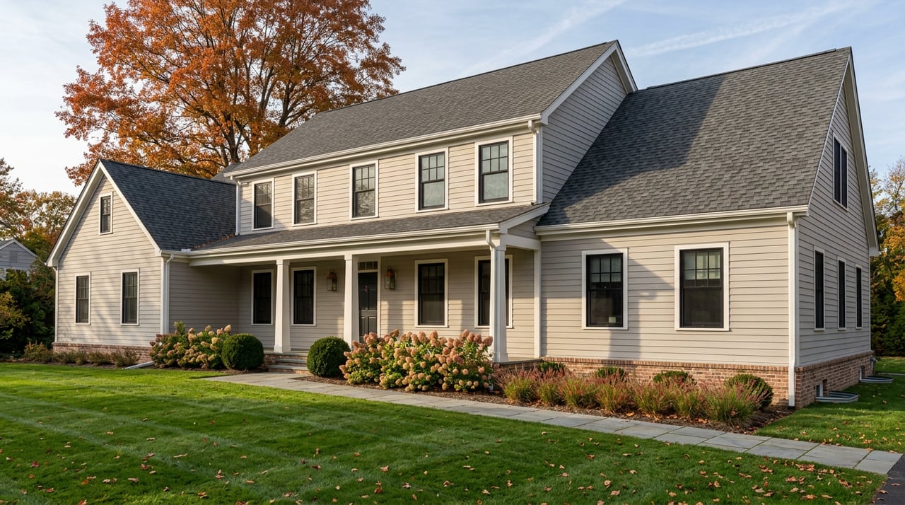Gray colonial home with white porch columns, orange-red maple canopy, and fallen leaves across a deep lawn.