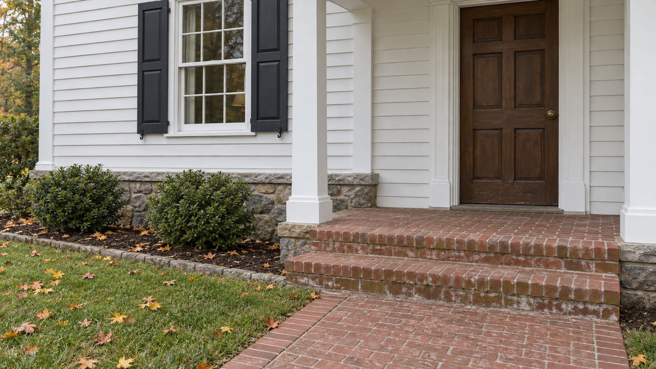 White clapboard home entrance with a dark wood door, divided-light window, aged brick steps and scattered autumn leaves beside the lawn.