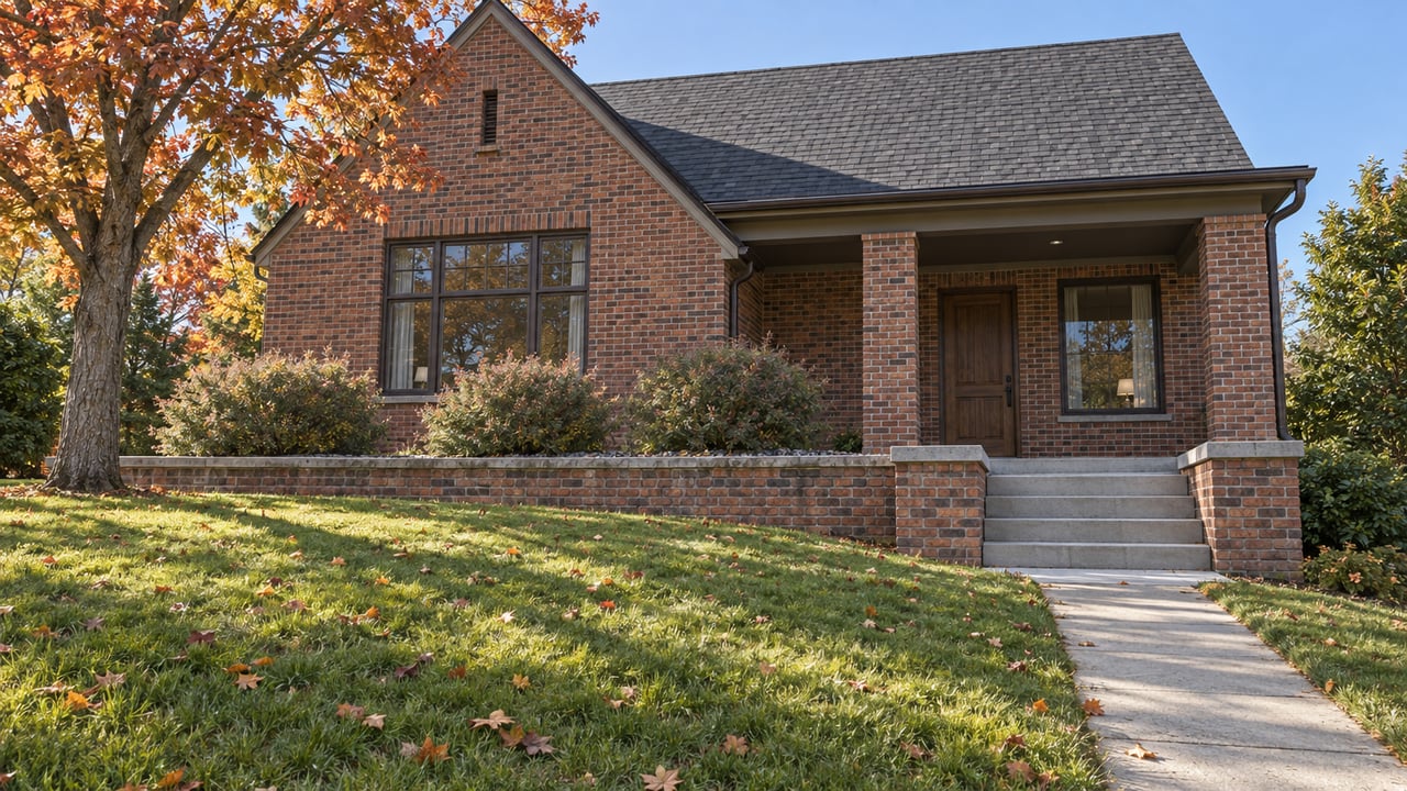 Remodeled brick home above a broad autumn lawn, with concrete entry steps and a russet-leaved maple.