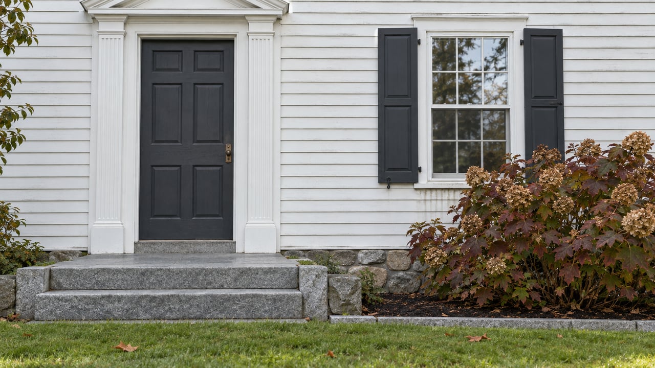 White clapboard home with a charcoal paneled door, paired window shutters, weathered granite steps, and burgundy oakleaf hydrangea.