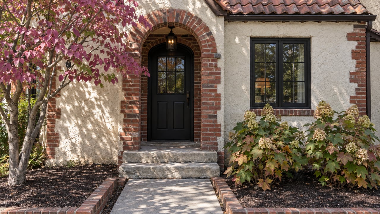 Stucco cottage with a red-brick arched doorway, black door, limestone steps, and garden beds.