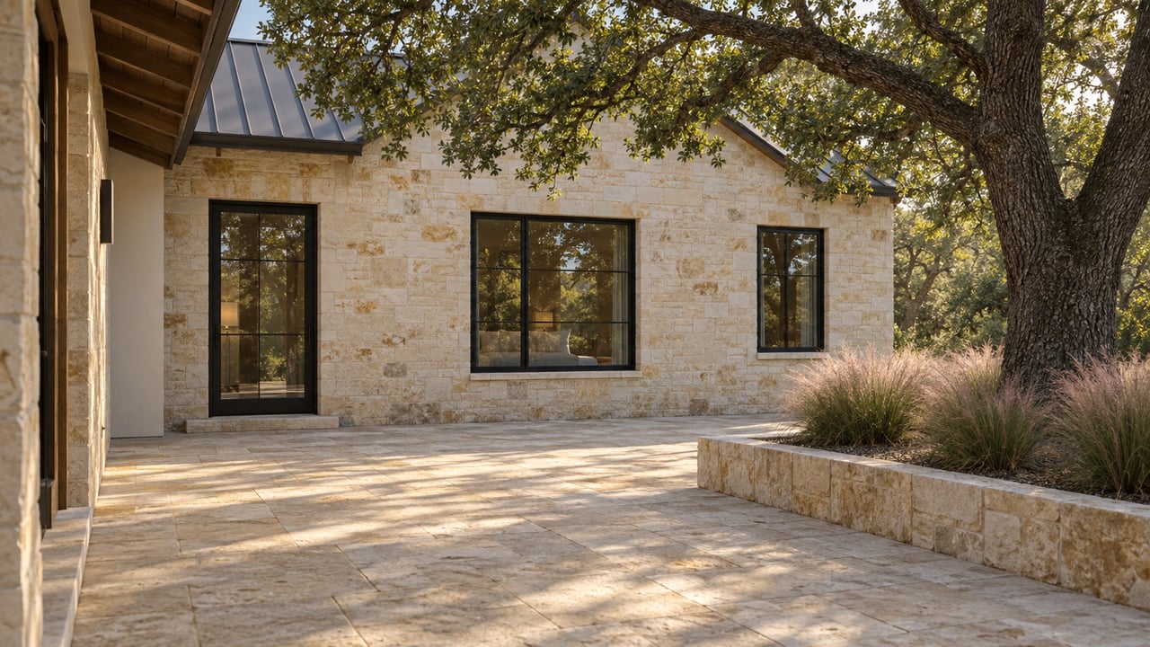 Limestone guest wing with black-framed windows beyond a broad terrace and an oak-shaded planting bed.