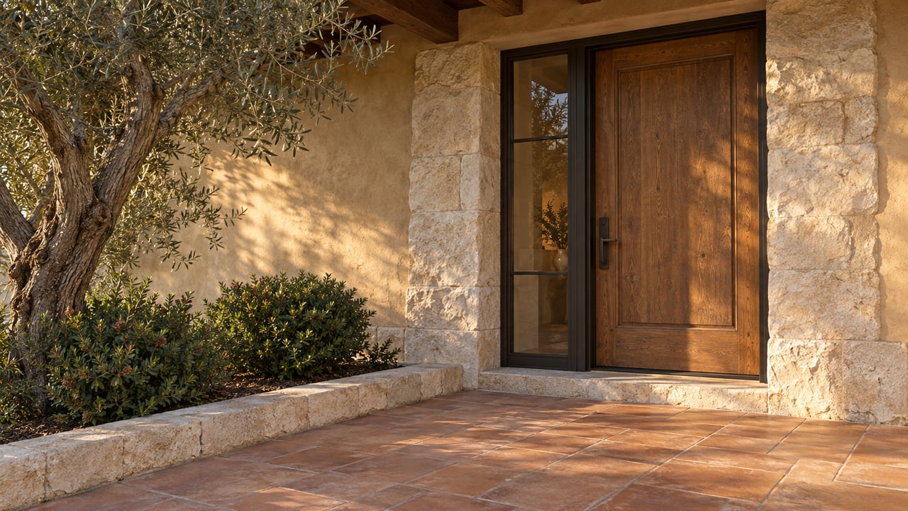 Oak-and-glass entry door set in irregular limestone, beside an olive tree and terracotta terrace.