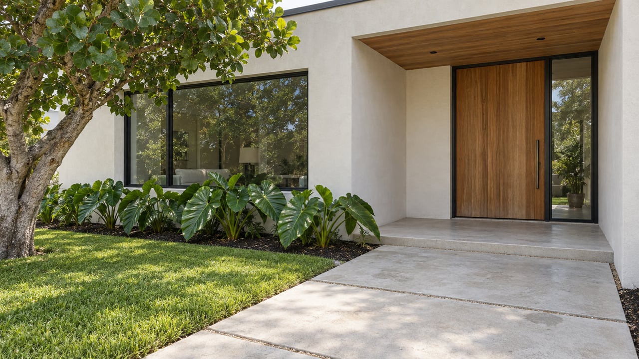 Modern home's recessed teak entry, ivory stucco, dark-framed glazing and concrete approach beside tropical planting.