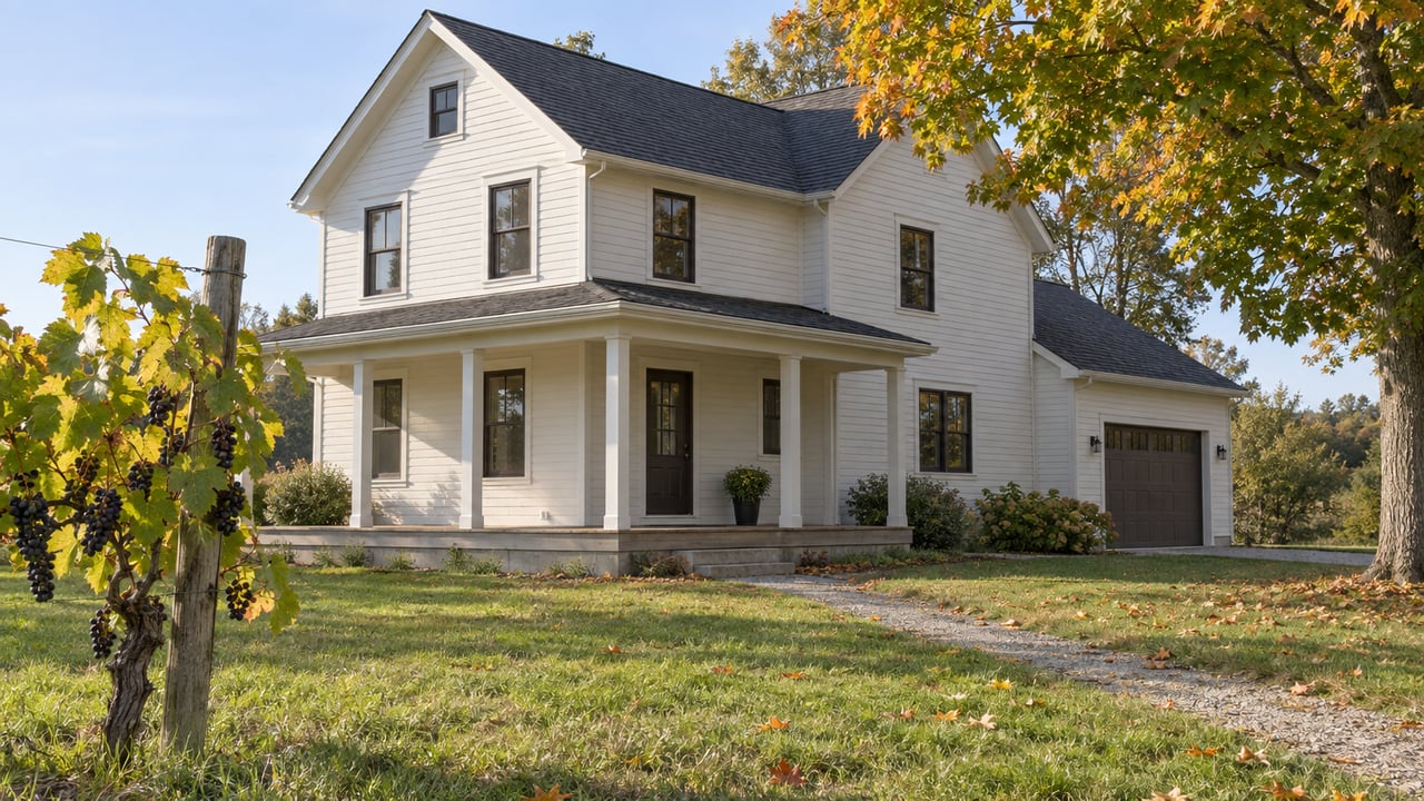 Two-story white house beyond lawn, grapevine at left and maple canopy at right.