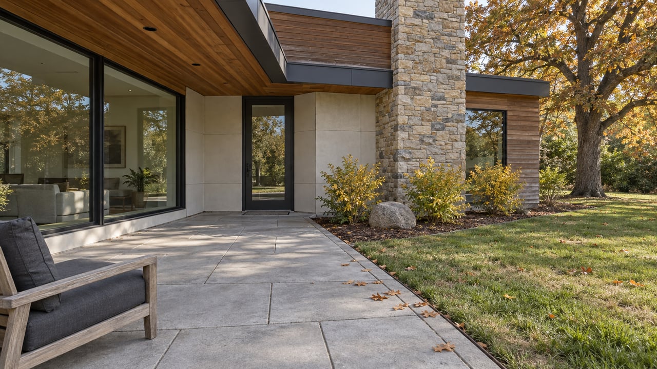 Modern wood-and-stone home beside a paved rear patio and autumn oak, with a single weathered teak chair.