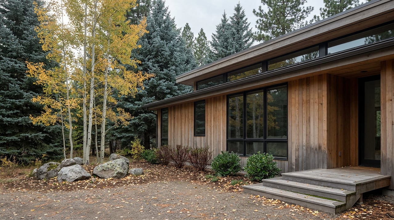 Cedar-sided home beside golden aspens and granite boulders, with a gravel path leading to the entry.
