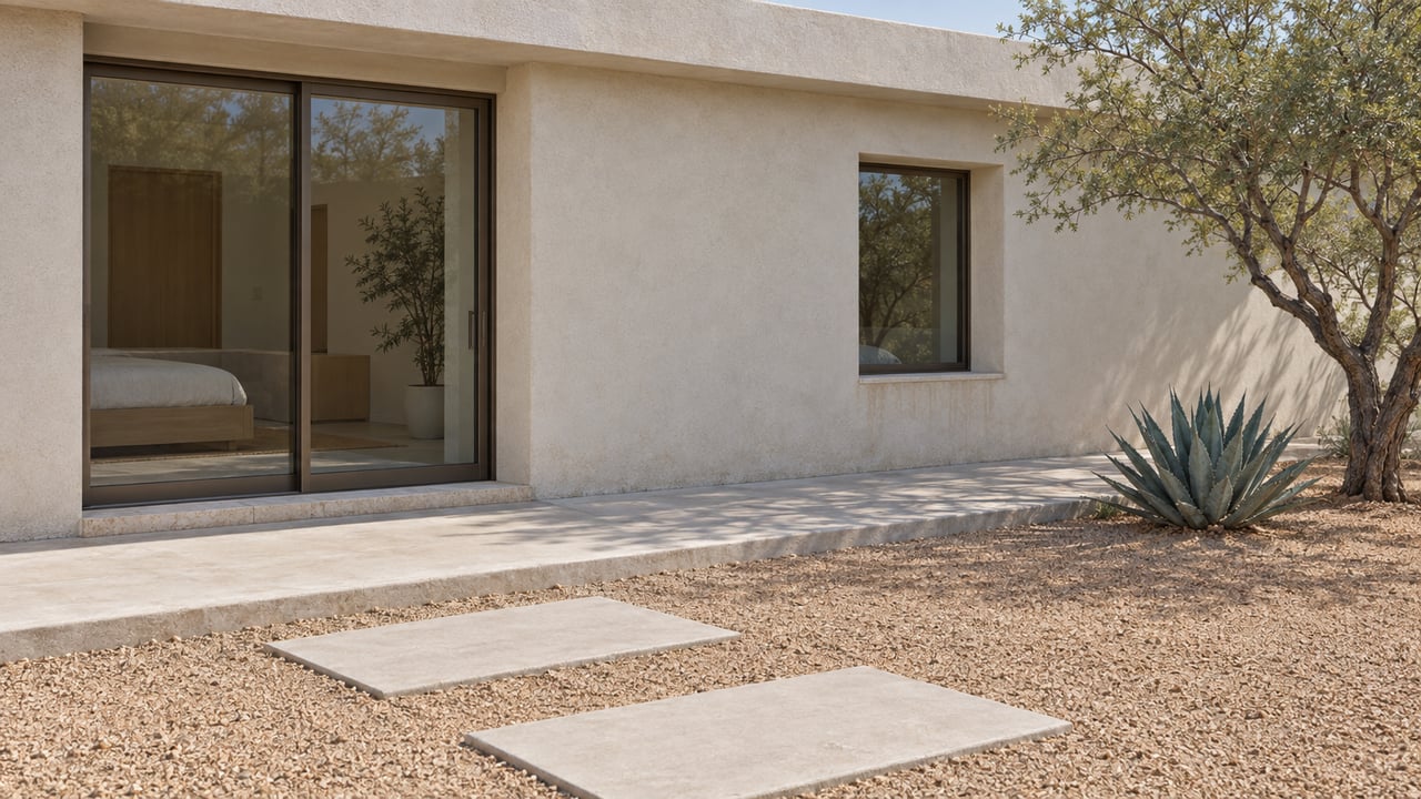Stucco bedroom wing with a shaded glass door, deep-set window, desert tree, agave, and concrete stepping pads.