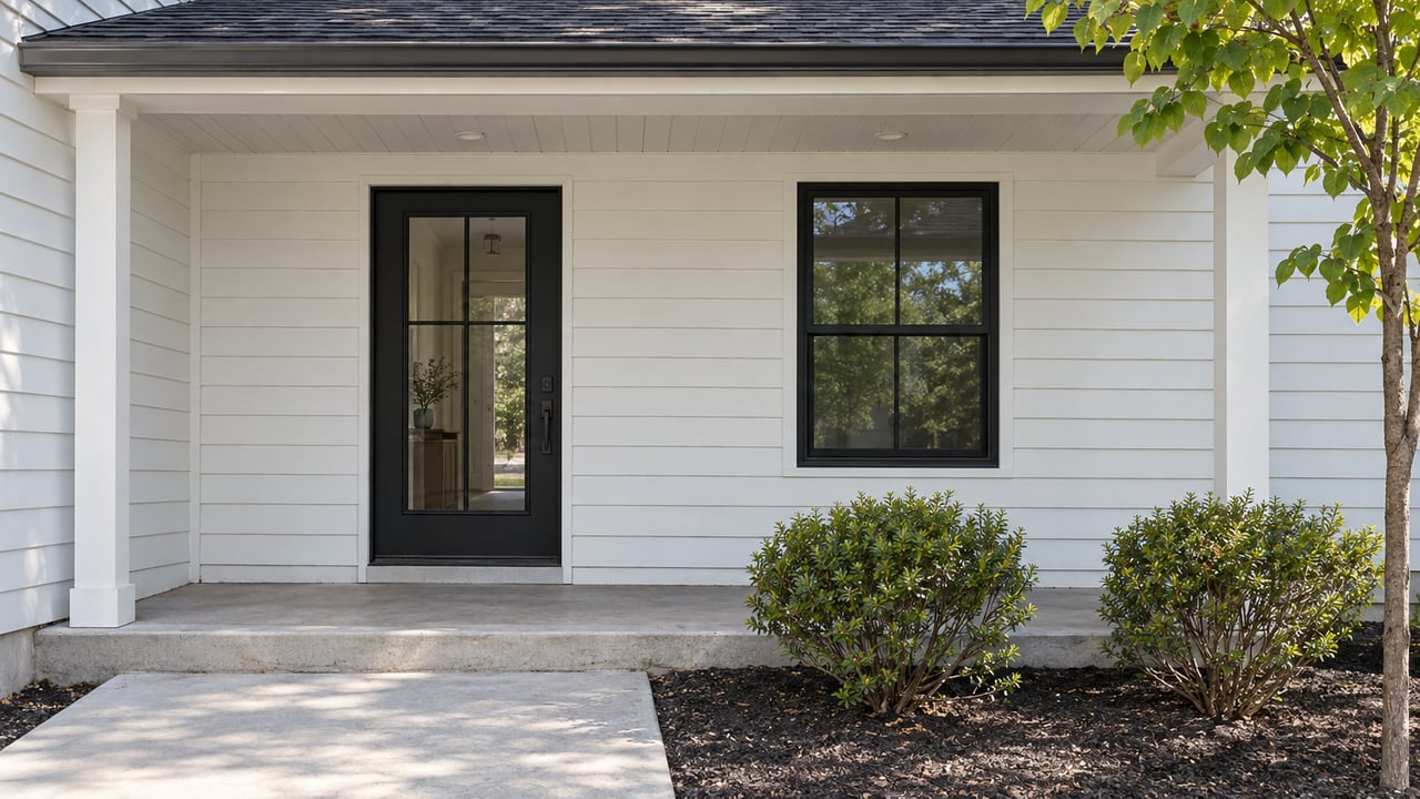 White lap-sided house entry with a black glazed door, double-hung window, concrete step, and shrubs.