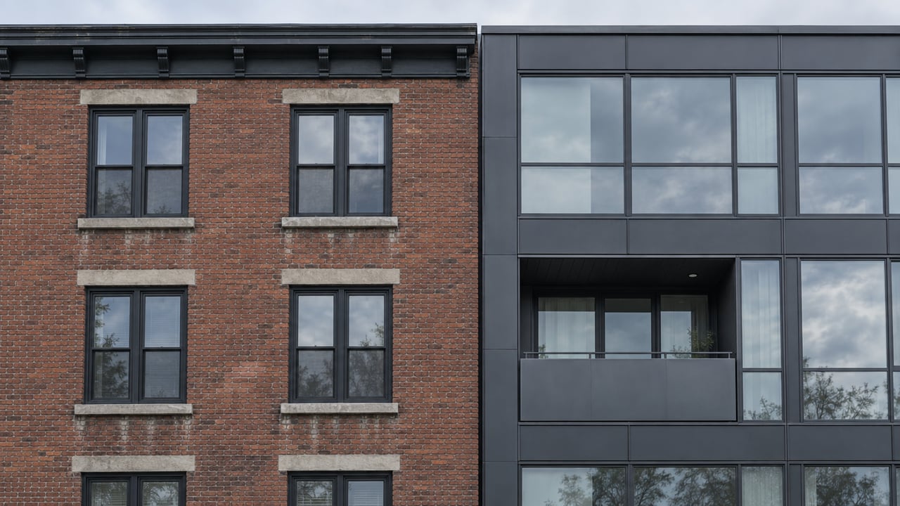 Older reddish-brown brick condo beside a modern charcoal-and-glass building with a recessed balcony.
