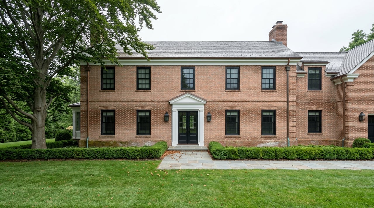 Symmetrical brick estate facade with black-framed windows, a pedimented entry, and a flagstone path across the lawn.