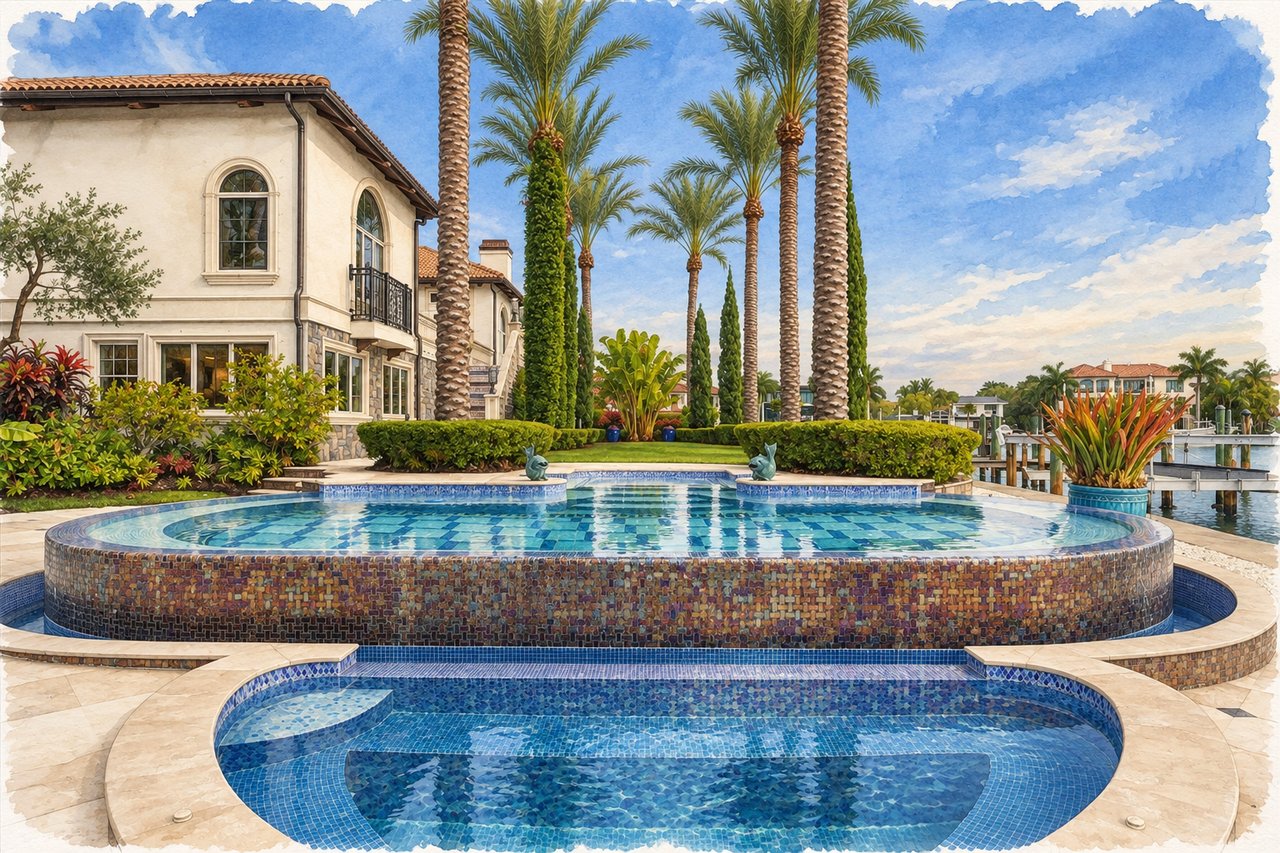 Mediterranean-style waterfront home with a tiled pool, palms, and dock.