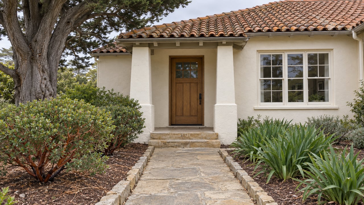 Cream stucco cottage with a terracotta roof, oak front door and stone garden path beside a sculptural cypress and curated planting.