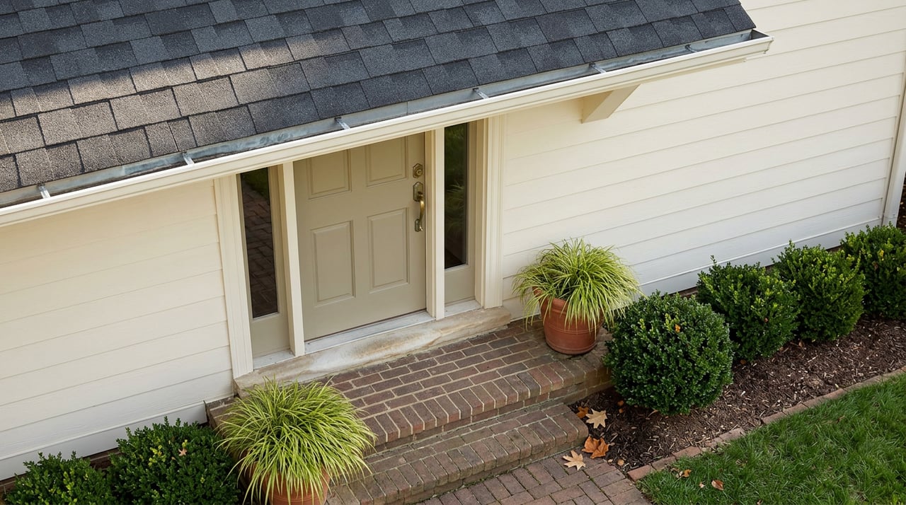 Covered entry with a taupe-green door, brass handle, brick steps, cream siding, and potted chartreuse sedge.