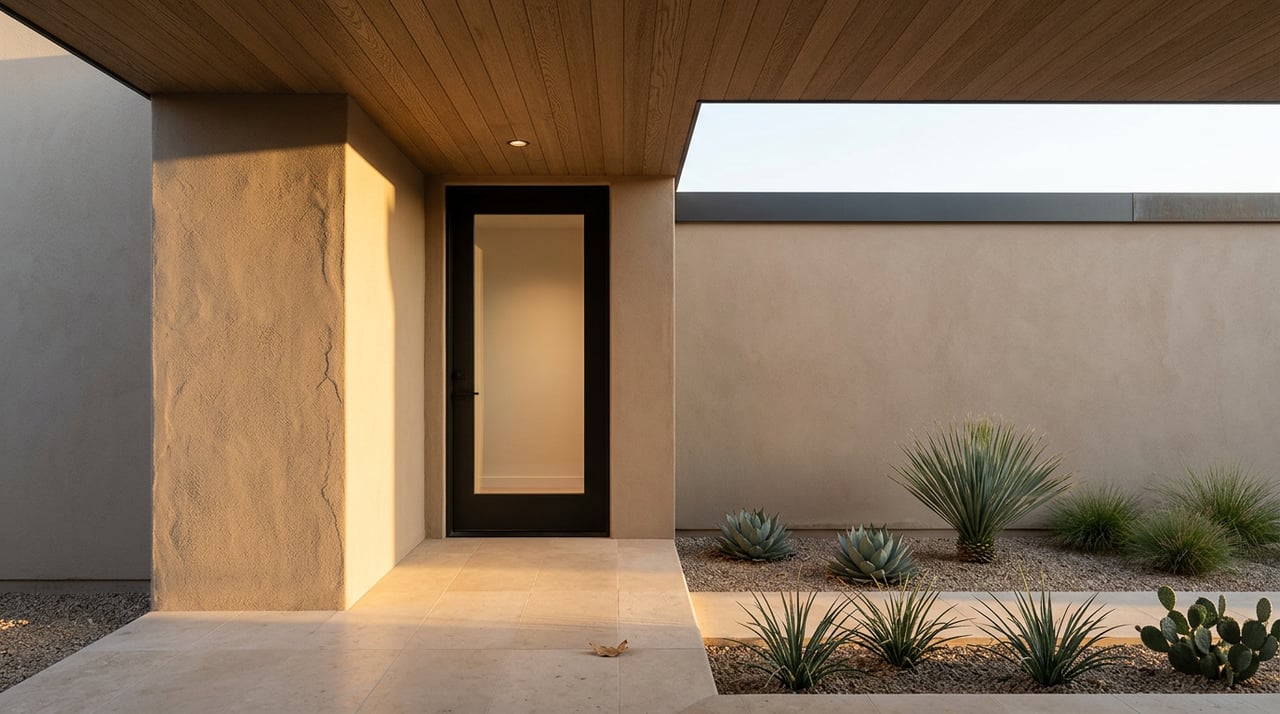 Townhouse entry court with a black glass-paneled door, stucco walls, oak soffit, and desert plants in gravel.