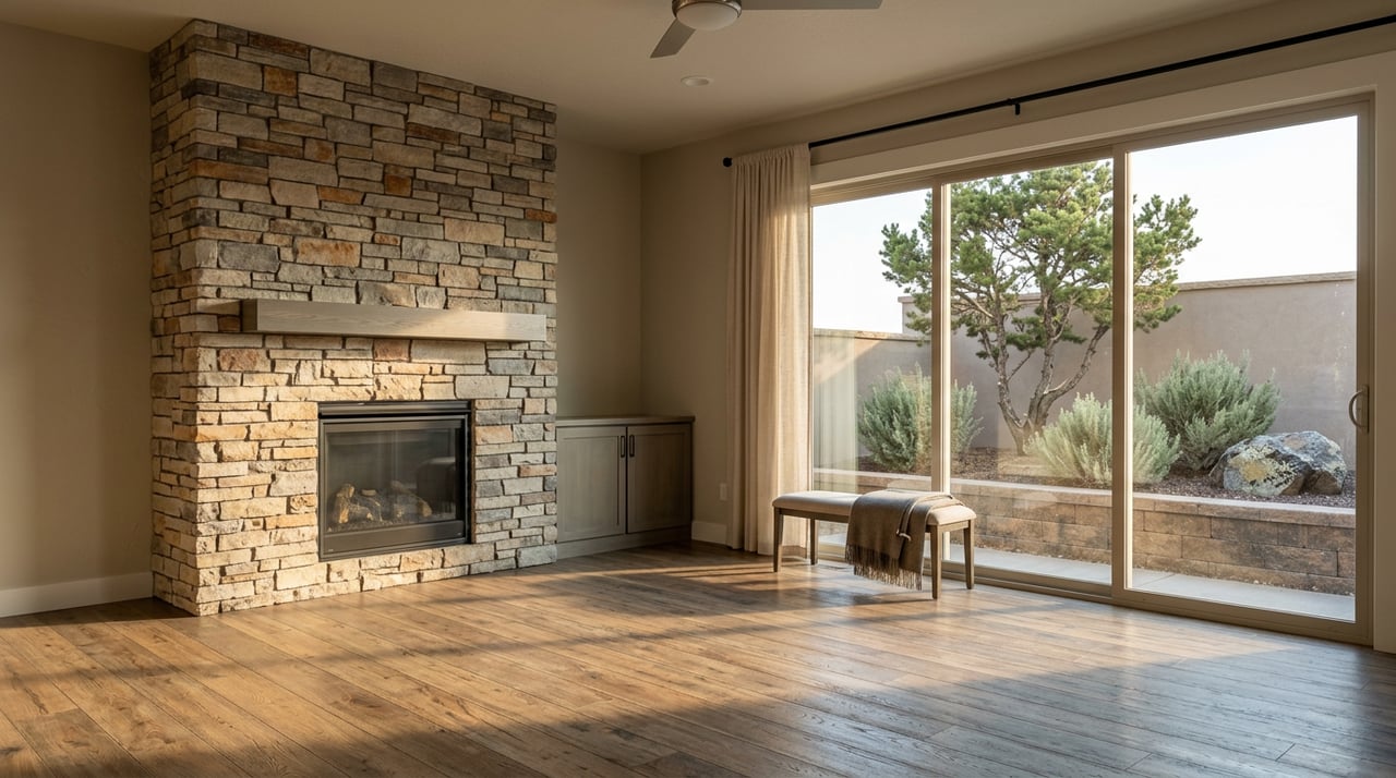 Great room with a stacked-stone fireplace, gray-oak mantel, and sliding glass doors opening onto a landscaped bed.
