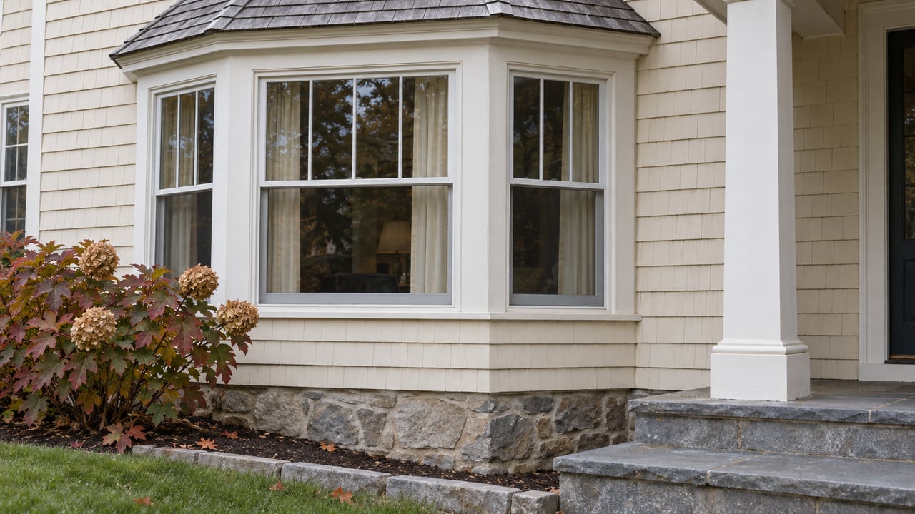 Cream cedar-shingle home with a white-framed bay window, weathered bluestone porch steps, and russet oakleaf hydrangea.
