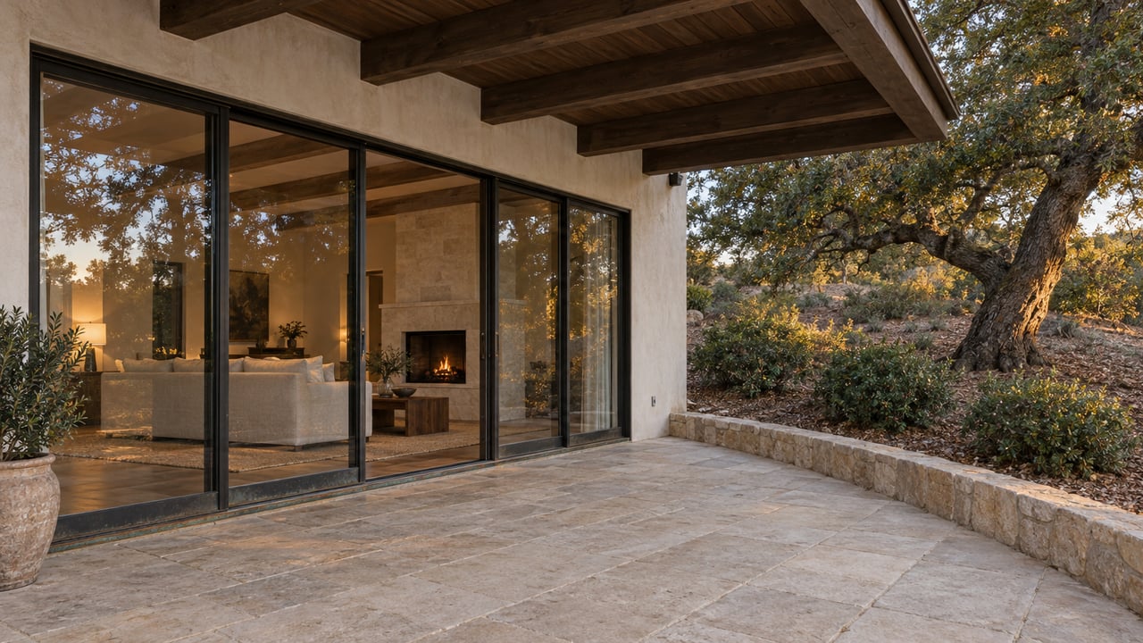 Covered limestone terrace beside black-framed living-room glazing, with a mature oak and warm evening light.