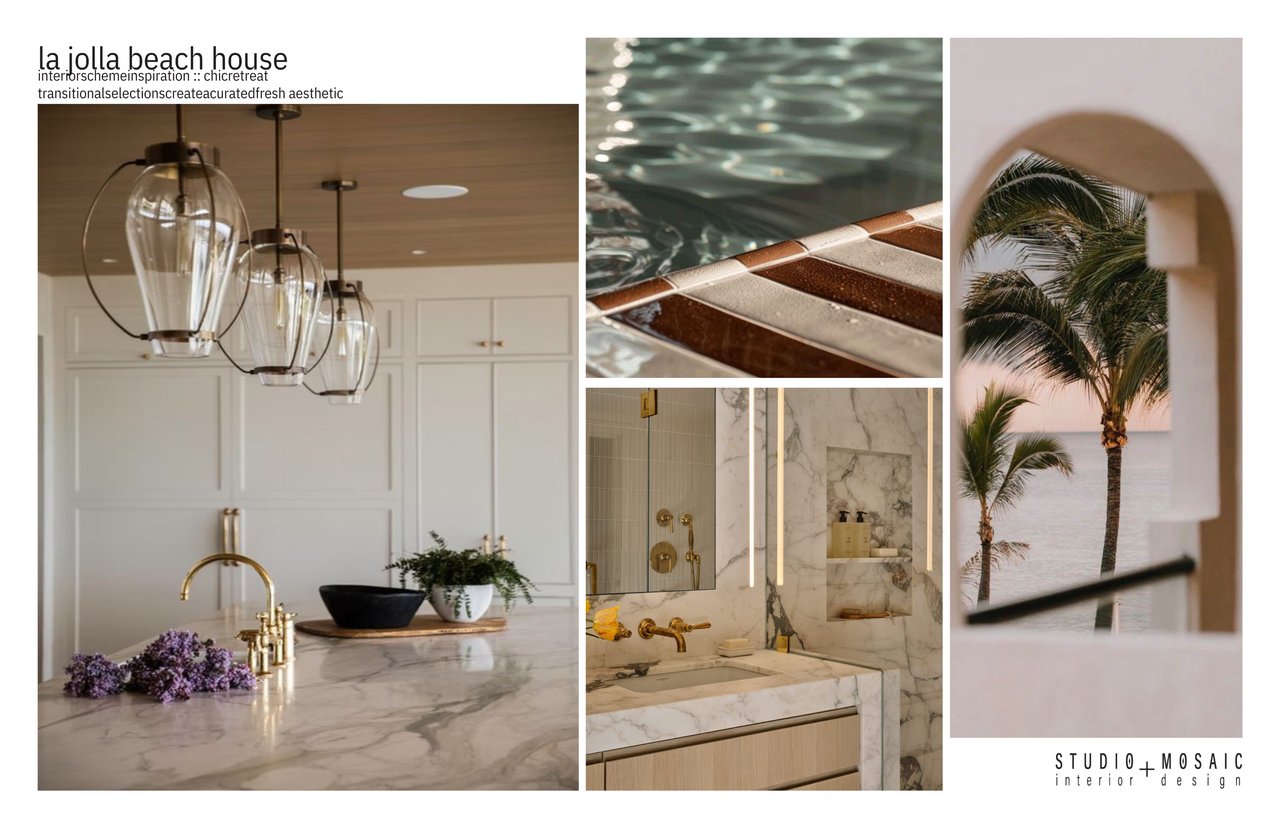 La Jolla beach house kitchen and marble bathroom, with a pool detail and palm trees beside the ocean.